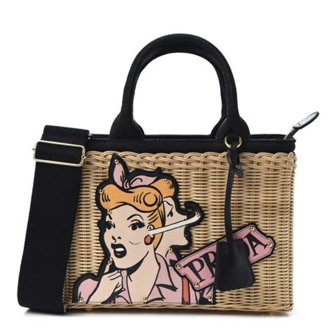 prada comic purse|PRADA Wicker Canvas Patch Comics Shoulder Bag Black.